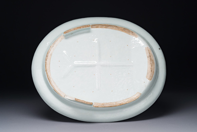 Two Chinese Canton famille rose dishes and a tazza, 19th C.