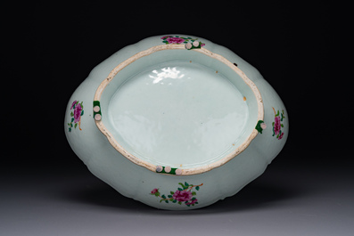 Two Chinese Canton famille rose dishes and a tazza, 19th C.