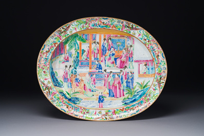 Two Chinese Canton famille rose dishes and a tazza, 19th C.