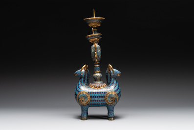 A pair of extremely rare Chinese ram-shaped cloisonn&eacute; candelabra, 18/19th C.