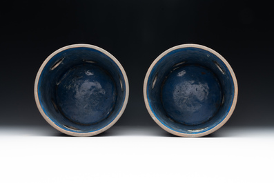 A pair of Chinese cloisonn&eacute; hat stands, two brass figures and a bronze stand, 19/20th C.