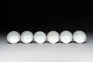 Six Chinese grisaille cups and saucers with Magu and a servant, Yongzheng/Qianlong