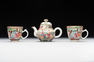 Two Chinese Canton famille rose teapots, a small covered tureen with stand, two cups and two saucers, 19th C.