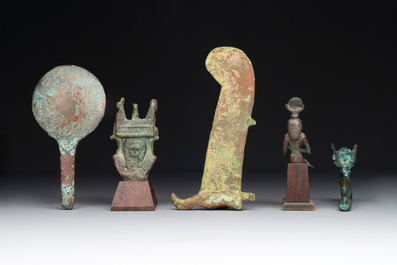 A varied collection of five bronze figures and utensils, Egypt, 3rd/1st C. B.C.