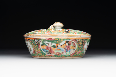 Two Chinese Canton famille rose teapots, a small covered tureen with stand, two cups and two saucers, 19th C.