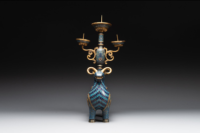 A pair of extremely rare Chinese ram-shaped cloisonn&eacute; candelabra, 18/19th C.