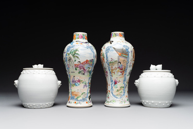 A pair of Chinese Canton famille rose vases and a pair of Dehua blanc de Chine drum-shaped covered jars, 19th C.