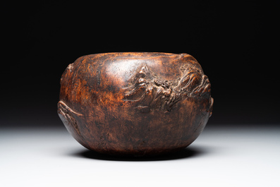 A Chinese agarwood brush washer with landscape relief design on wooden stand, 17/18th C.