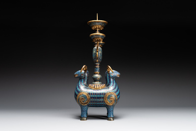 A pair of extremely rare Chinese ram-shaped cloisonn&eacute; candelabra, 18/19th C.