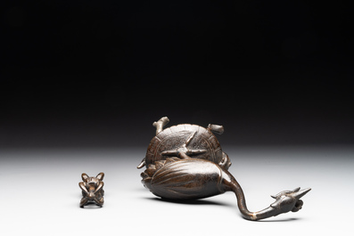 A Chinese bronze candle or incense holder in the shape of a crane standing on a turtle and a Tibetan vajra, Ming/Qing