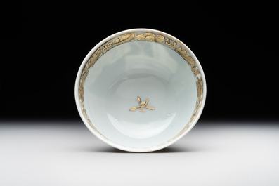 A rare Chinese grisaille and gilt cup and saucer with Ignatius of Loyola, Qianlong