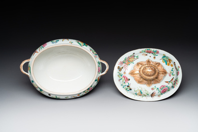 A Chinese Canton famille rose covered tureen on stand with flowers, fruits and insects, 19th C.