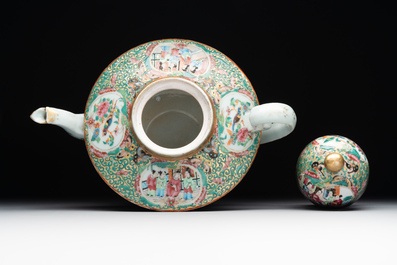 Two Chinese Canton famille rose teapots, a small covered tureen with stand, two cups and two saucers, 19th C.