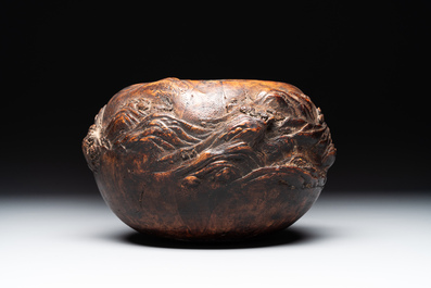 A Chinese agarwood brush washer with landscape relief design on wooden stand, 17/18th C.
