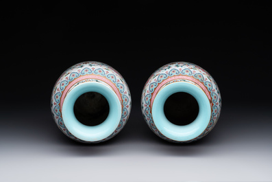 A pair of Chinese famille rose vases with floral design, Jiaqing mark, 19/20th C.