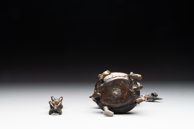 A Chinese bronze candle or incense holder in the shape of a crane standing on a turtle and a Tibetan vajra, Ming/Qing