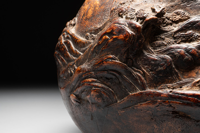 A Chinese agarwood brush washer with landscape relief design on wooden stand, 17/18th C.
