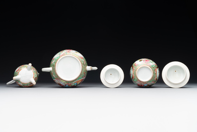 A Chinese Canton famille rose four-piece tea service, 19th C.