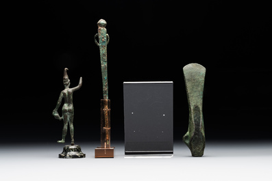 A varied collection of four bronze objects and figures, Roman Empire, 8th C. B.C./3rd C.