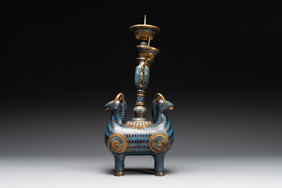 A pair of extremely rare Chinese ram-shaped cloisonn&eacute; candelabra, 18/19th C.