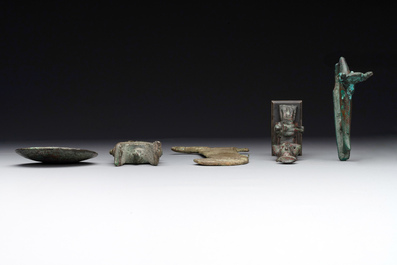 A varied collection of five bronze figures and utensils, Egypt, 3rd/1st C. B.C.