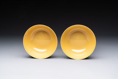 A pair of Chinese yellow-ground 'peach and bird' bowls, Qianlong mark and probably of the period
