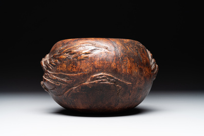A Chinese agarwood brush washer with landscape relief design on wooden stand, 17/18th C.
