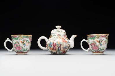 Two Chinese Canton famille rose teapots, a small covered tureen with stand, two cups and two saucers, 19th C.