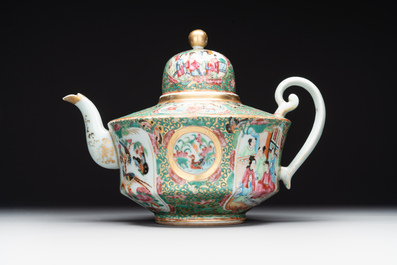 Two Chinese Canton famille rose teapots, a small covered tureen with stand, two cups and two saucers, 19th C.