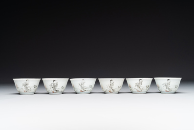 Six Chinese grisaille cups and saucers with Magu and a servant, Yongzheng/Qianlong