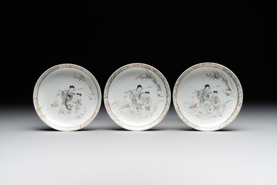 Six Chinese grisaille cups and saucers with Magu and a servant, Yongzheng/Qianlong