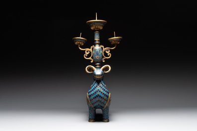 A pair of extremely rare Chinese ram-shaped cloisonn&eacute; candelabra, 18/19th C.