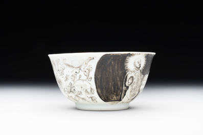 A rare Chinese grisaille and gilt cup and saucer with Ignatius of Loyola, Qianlong