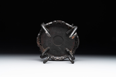 A Chinese agarwood brush washer with landscape relief design on wooden stand, 17/18th C.