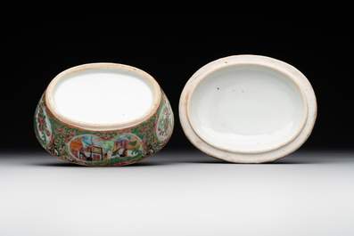 Two Chinese Canton famille rose teapots, a small covered tureen with stand, two cups and two saucers, 19th C.