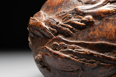 A Chinese agarwood brush washer with landscape relief design on wooden stand, 17/18th C.