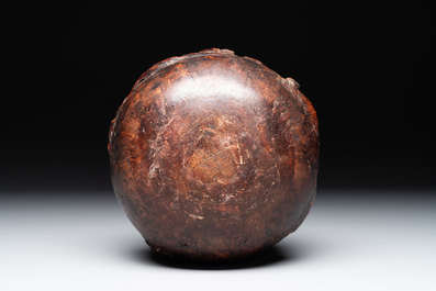 A Chinese agarwood brush washer with landscape relief design on wooden stand, 17/18th C.