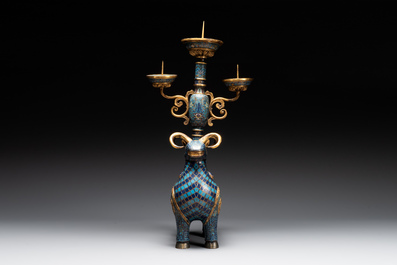 A pair of extremely rare Chinese ram-shaped cloisonn&eacute; candelabra, 18/19th C.