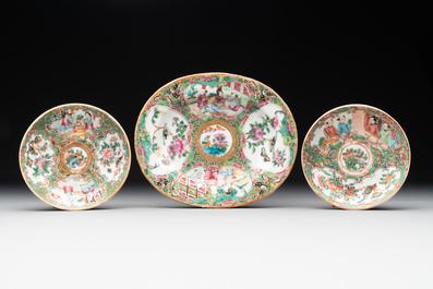Two Chinese Canton famille rose teapots, a small covered tureen with stand, two cups and two saucers, 19th C.