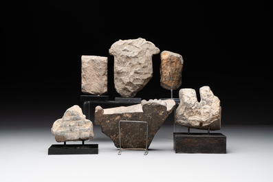 A collection of six Gandhara grey schist fragments with Bodhisattva, divinities and figures, 2/4th C.