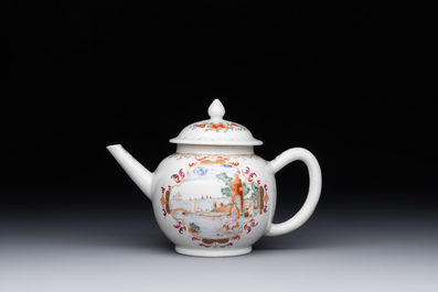 A Chinese famille rose Meissen-style teapot and stand, Qianlong