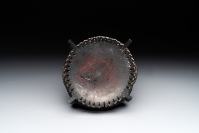 A Chinese agarwood brush washer with landscape relief design on wooden stand, 17/18th C.