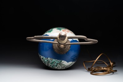 A Chinese famille verte powder blue-ground vase mounted as lamp, 19th C.