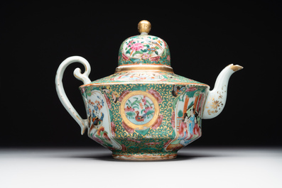 Two Chinese Canton famille rose teapots, a small covered tureen with stand, two cups and two saucers, 19th C.