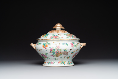A Chinese Canton famille rose covered tureen on stand with flowers, fruits and insects, 19th C.