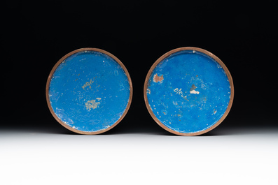 A pair of Chinese cloisonn&eacute; hat stands, two brass figures and a bronze stand, 19/20th C.
