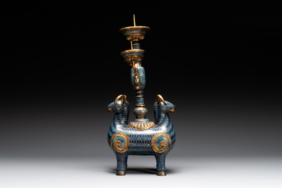 A pair of extremely rare Chinese ram-shaped cloisonn&eacute; candelabra, 18/19th C.