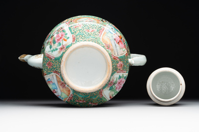 Two Chinese Canton famille rose teapots, a small covered tureen with stand, two cups and two saucers, 19th C.