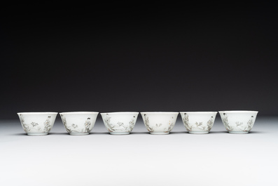 Six Chinese grisaille cups and saucers with Magu and a servant, Yongzheng/Qianlong