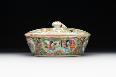 Two Chinese Canton famille rose teapots, a small covered tureen with stand, two cups and two saucers, 19th C.